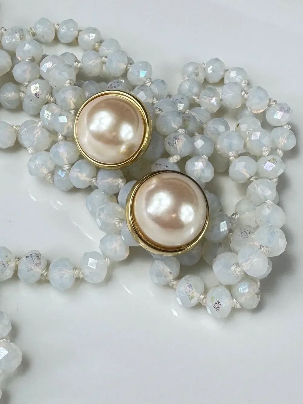 Signed Gold Tone Pearl Half-Dome Post Earrings - White Pearl
